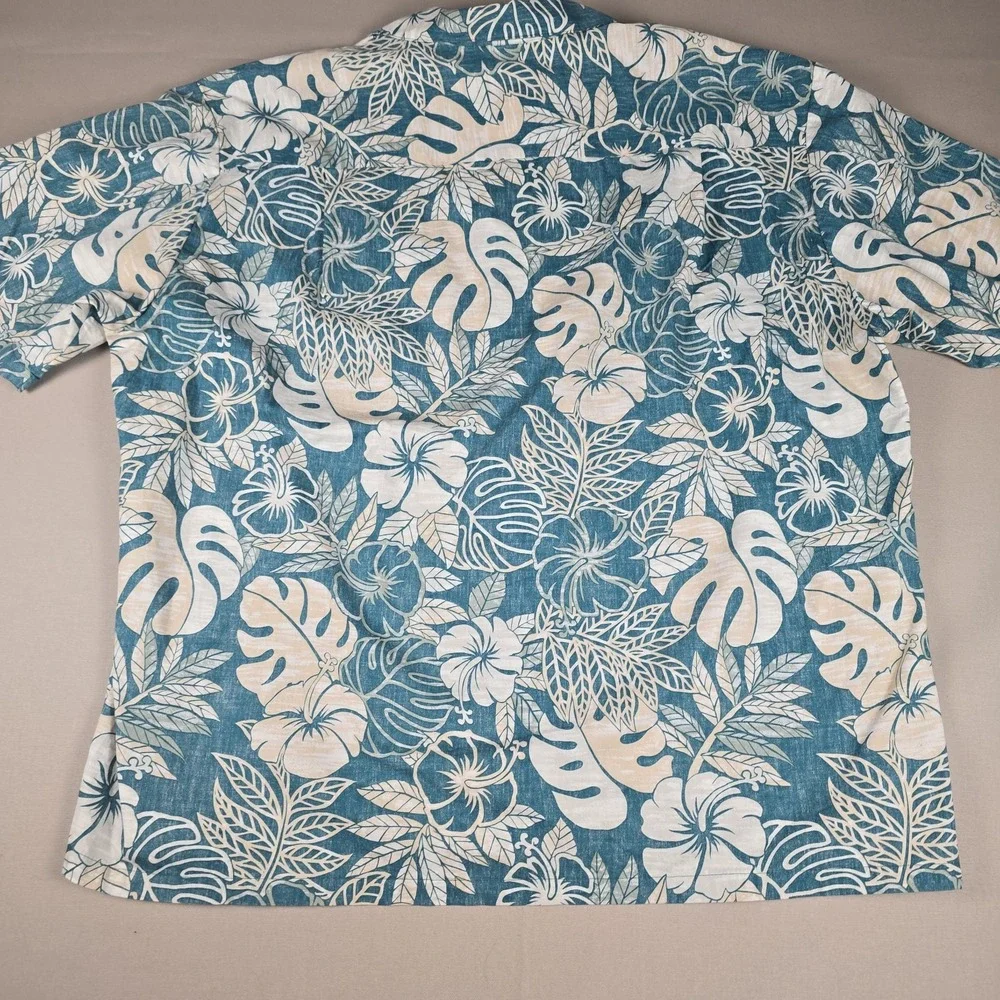VTG KY's Hawaiian Shirt Mens 2XL Teal Hibiscus Floral Cotton Camp Made in USA